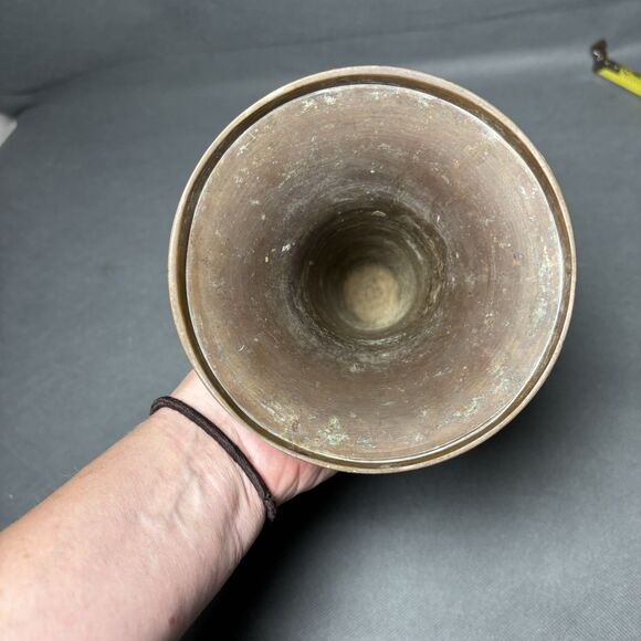 Vintage Brass Vase Enamel Etched Peacock Floral Design India Unique Brass Decor - Picture 8 of 10